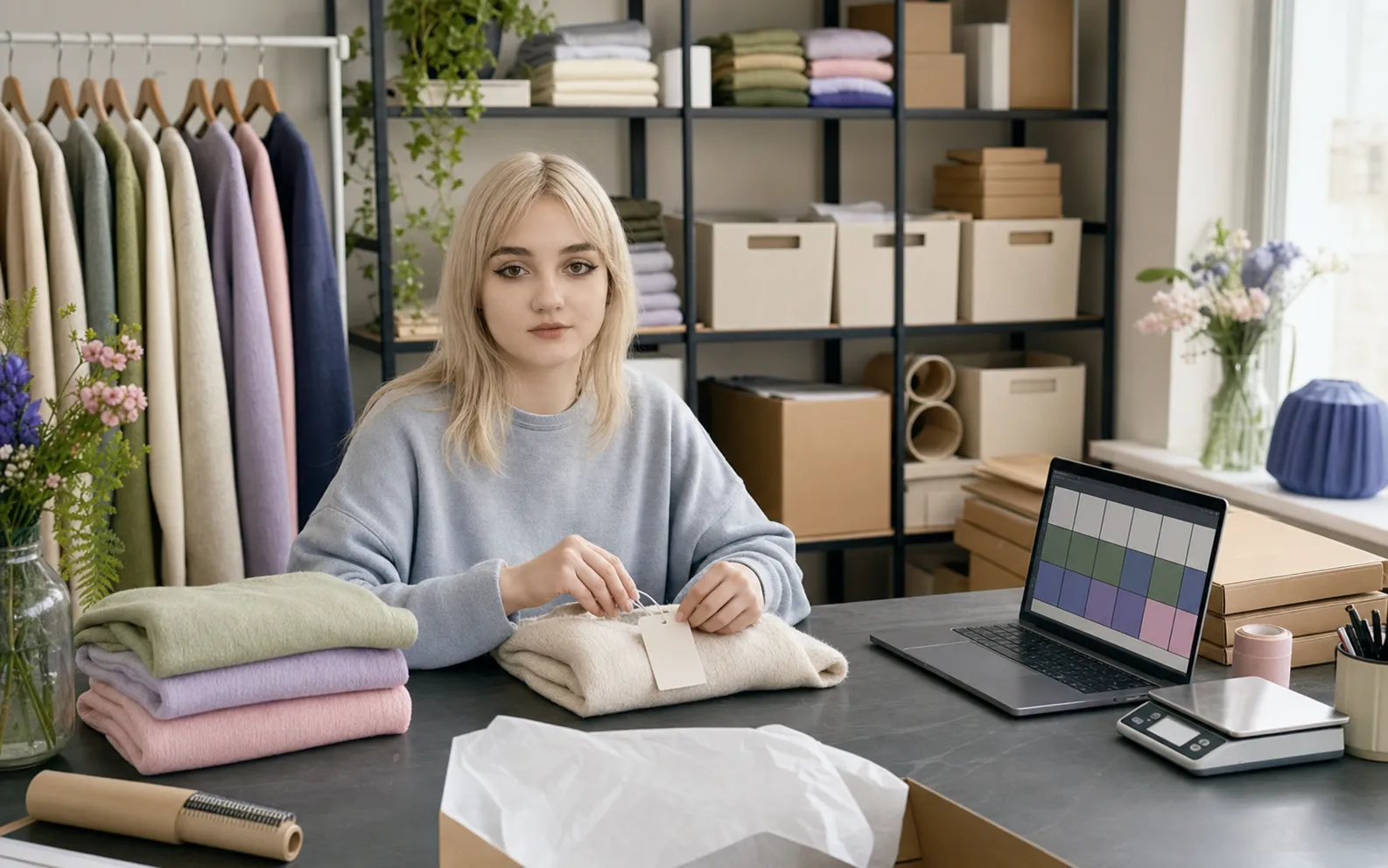 Diana organising an independent resale inventory and packing workflow